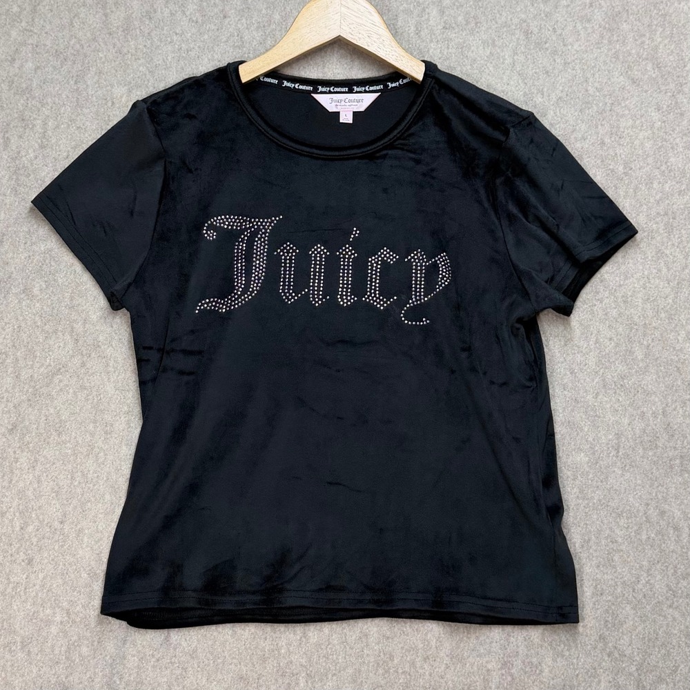 Juicy Couture Black Velour Rhinestone Logo Shirt Womens Large Y2K Coquette